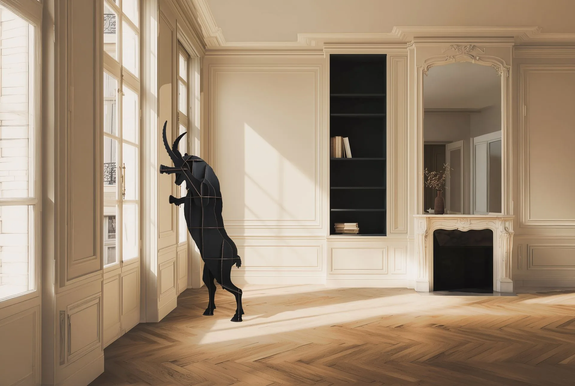 Fausto by Ibride, a horned piece of furniture in front of a large window